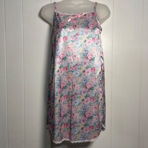 Vintage Cassie Girls Floral Satin Nightgown Pink Blue Lace Trim Made in USA 12